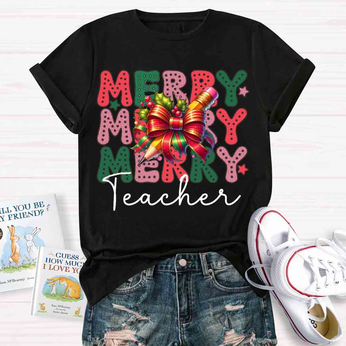 Christmas Merry Teacherabc Bow T-shirt