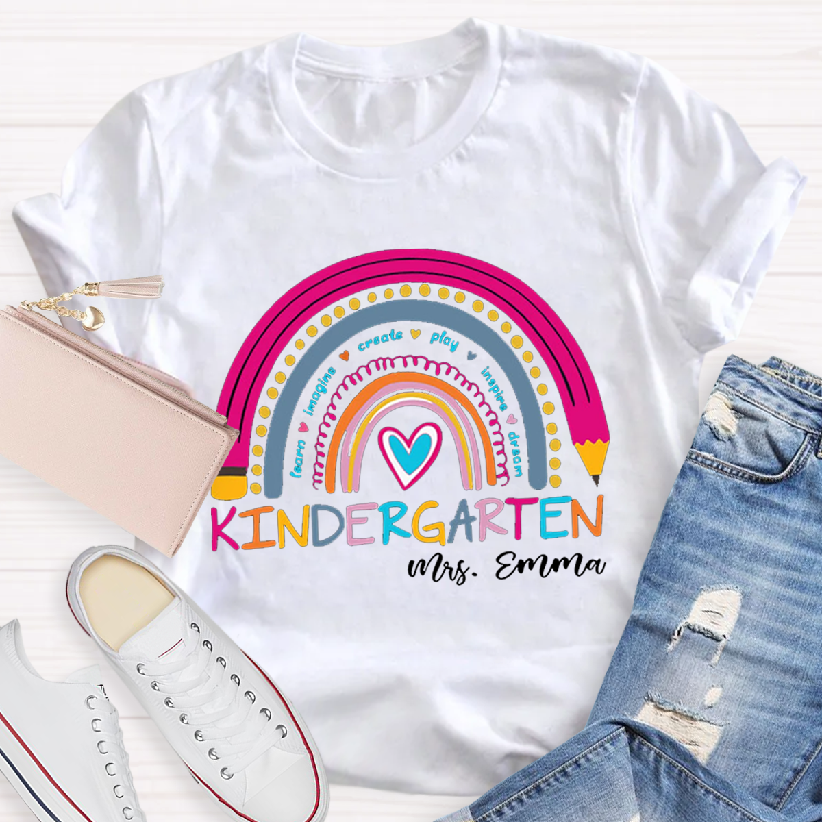 Personalized Name And Grade Rainbow Teacher T-Shirt