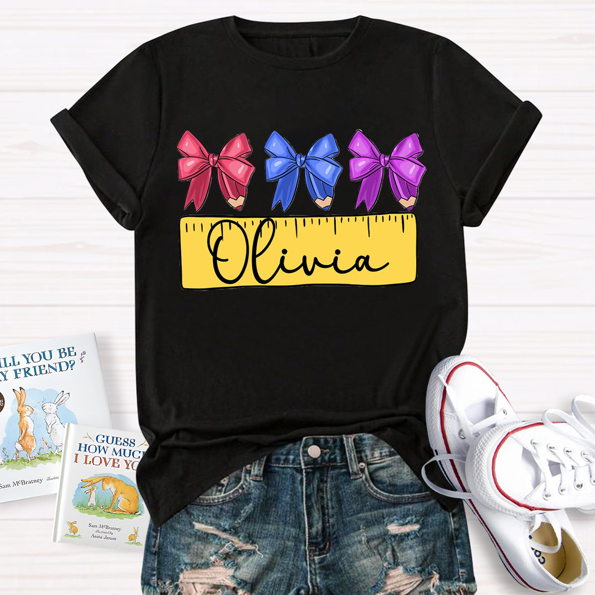 Personalized Name Bow Ruler Print Teacher T-Shirt