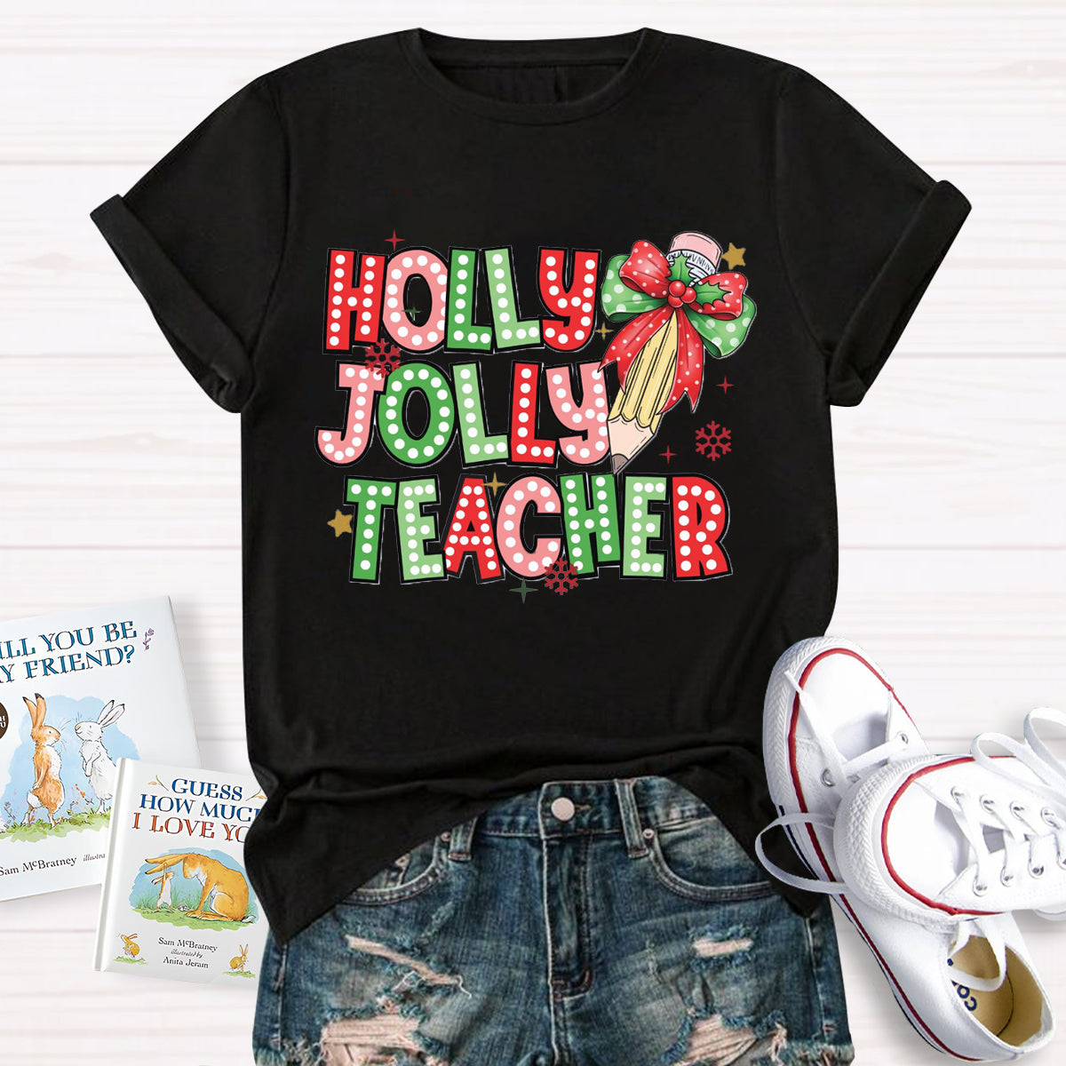 Holly Jolly Teacher Christmas Pencil T-Shirt