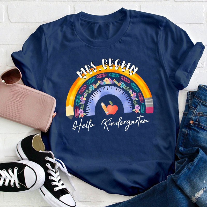 Personalized Name And Grade Ruler Pencil Apple Rainbow Teacher T-Shirt