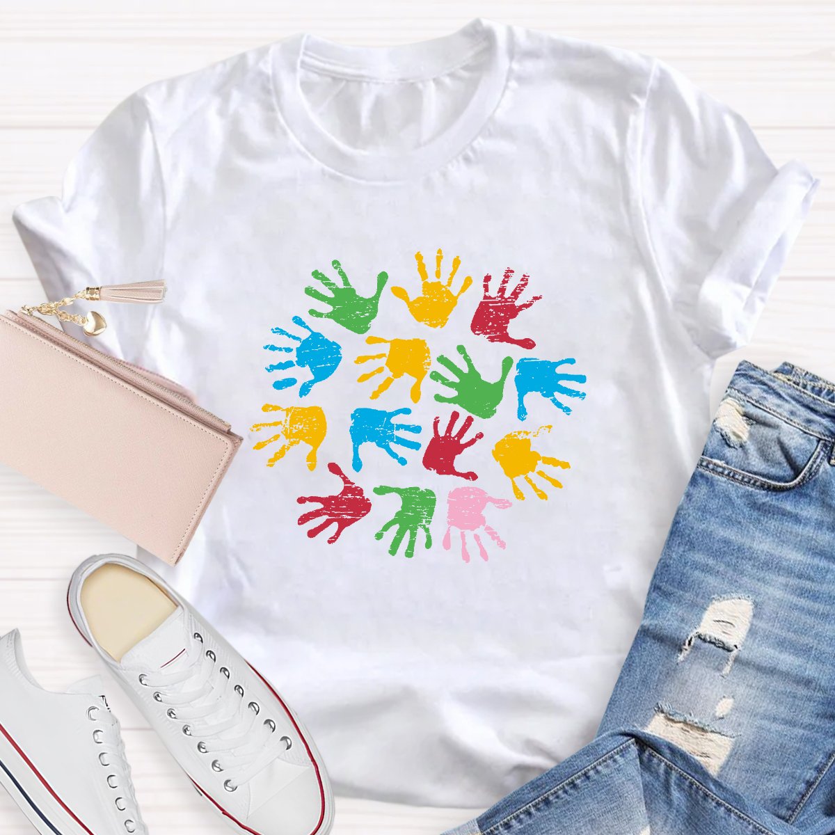 Colored Handprints Autism Awareness Teacher T-shirt