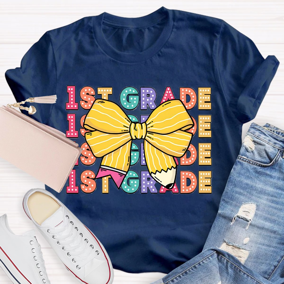 Personalized Grade Bow Pencil Design T-Shirt