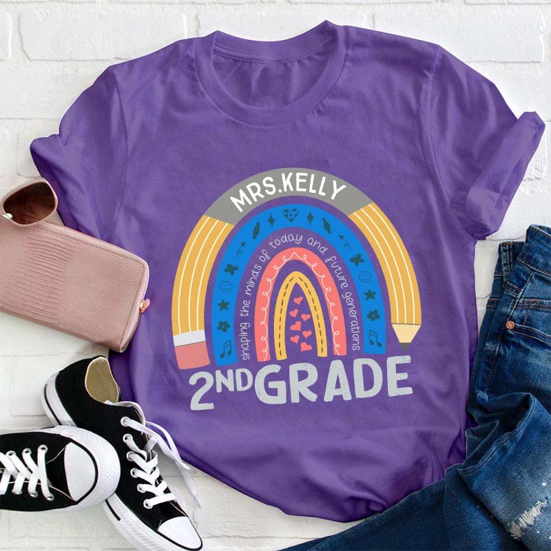 Personalized Name And Grade Pencil Rainbow Teacher T-Shirt