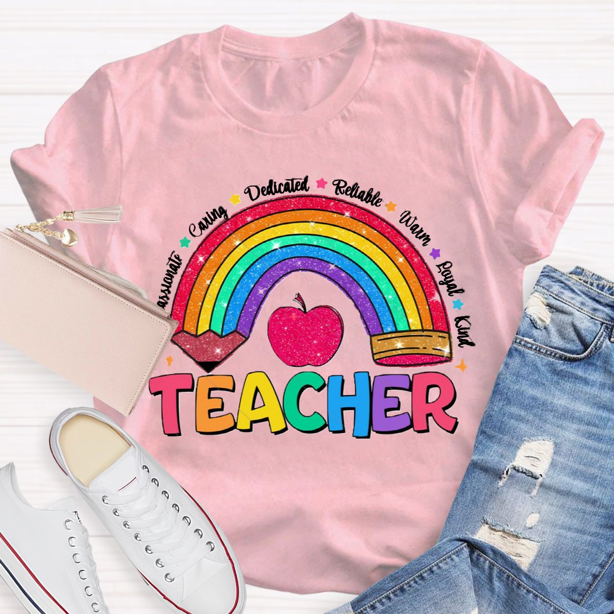 Glitter Teacher Rainbow Pencil Back To School T-Shirt