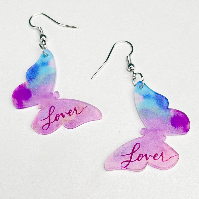 Shiny Pink Butterfly Heart Acrylic Earrings