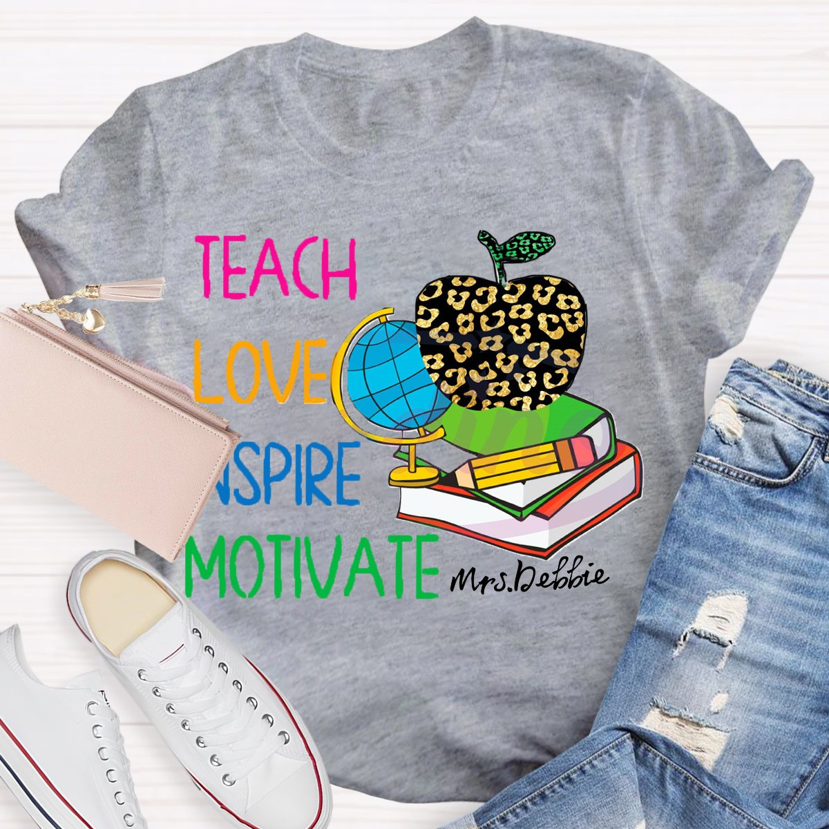 Personalized Name  Teach Love Inspire Motivate Globe T-shirt