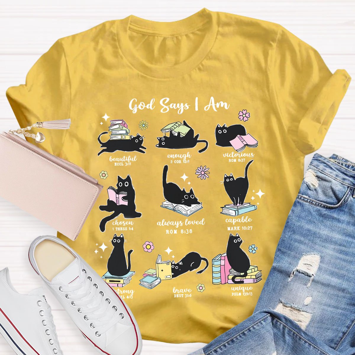 Cute Cat God Says I Am Teacher Cats and Books T-Shirt