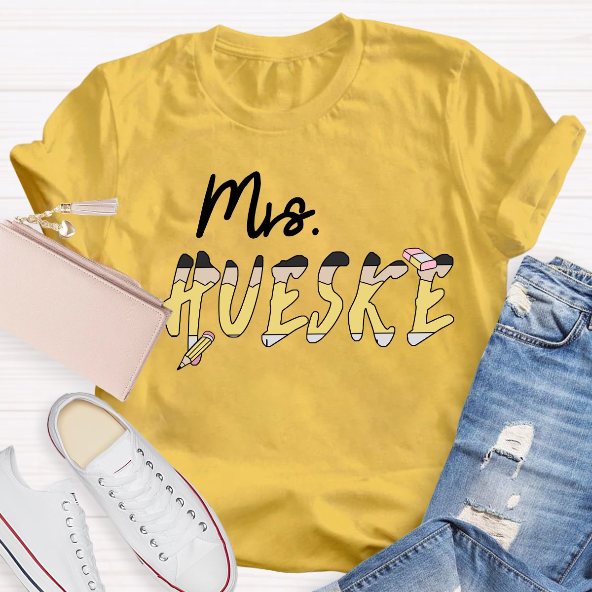 Personalized Teachers Name Pencil And Eraser Printed Teacher T-Shirt