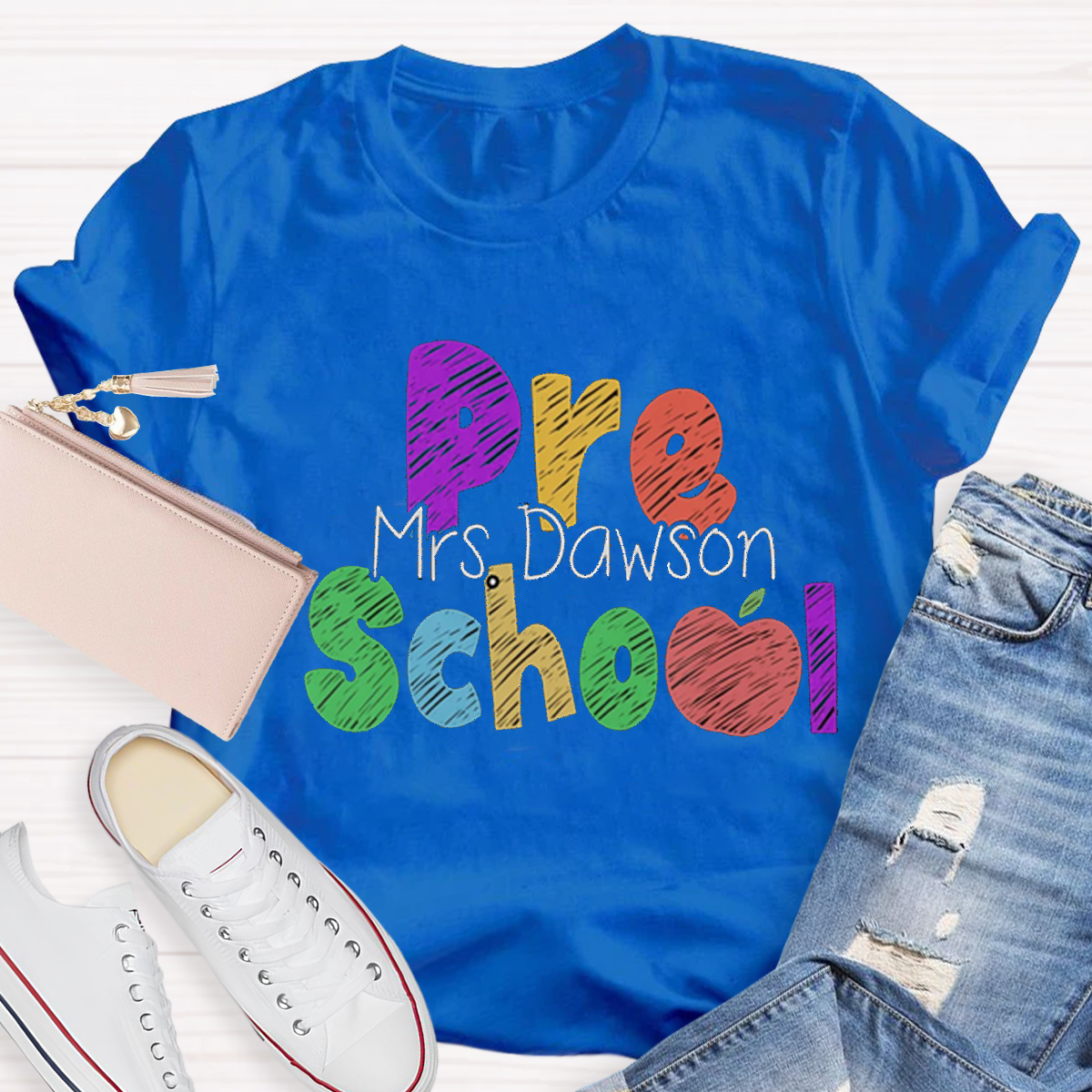 Personalize Grade Rainbow Apple Cute 4th Grade Teacher T-Shirt