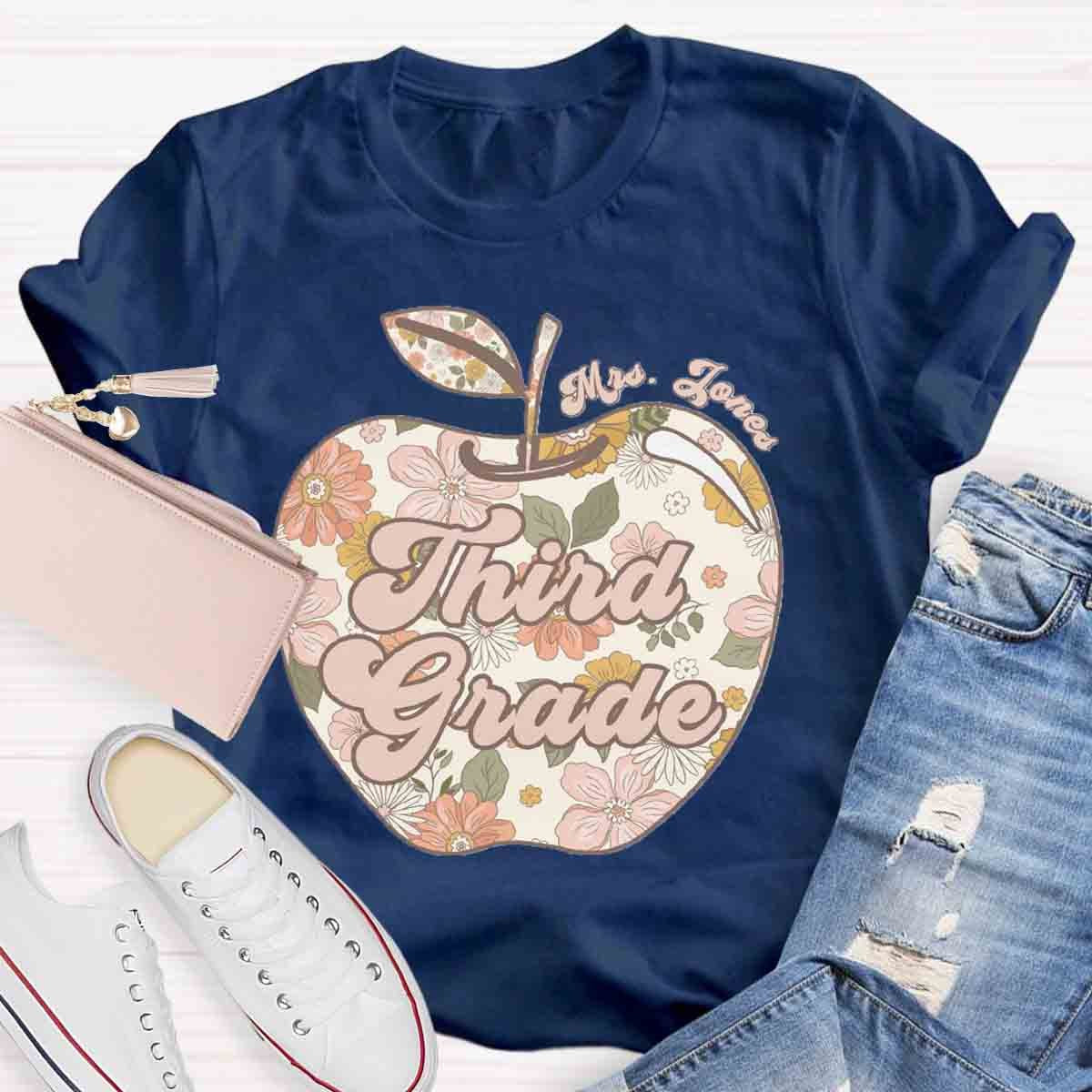 Personalized Grade And Name Apple Floral Teacher T-Shirt