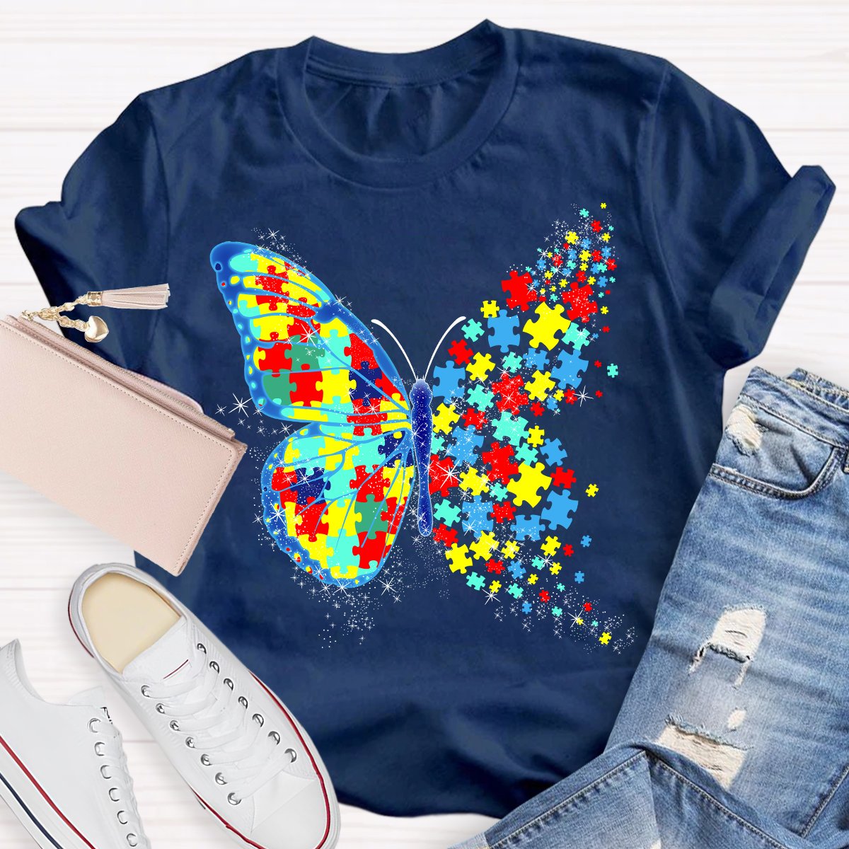 Colorful Puzzle Butterfly Teacher T-Shirt