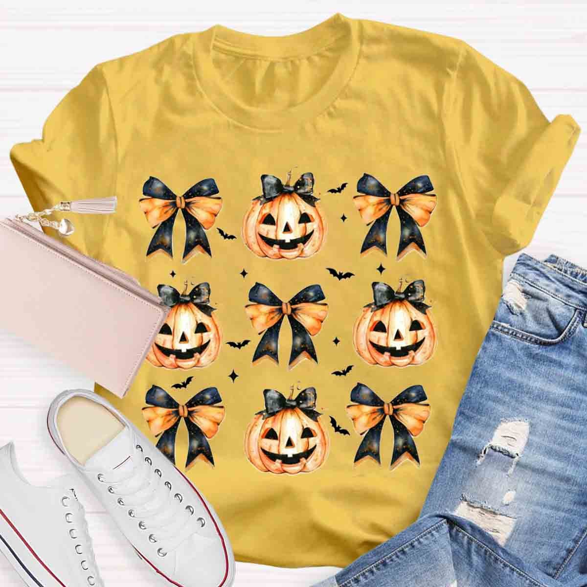 Fall Vibes Pumpkin Bowknot Spooky Teacher T-Shirt