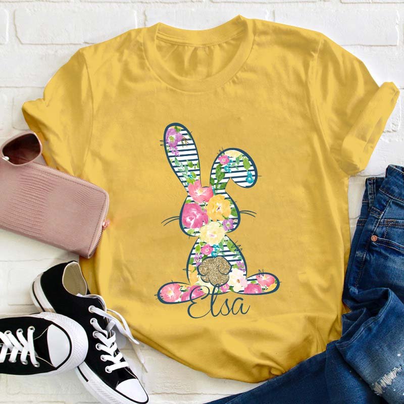 Personalized Floral Bunny Teacher T-Shirt