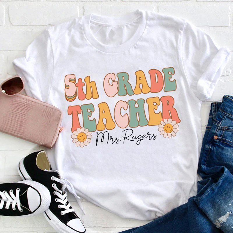 Personalized Pink Flowers Teacher T-Shirt