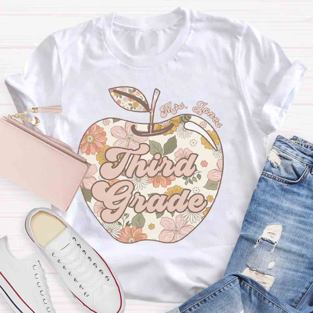 Personalized Grade And Name Apple Floral Teacher T-Shirt