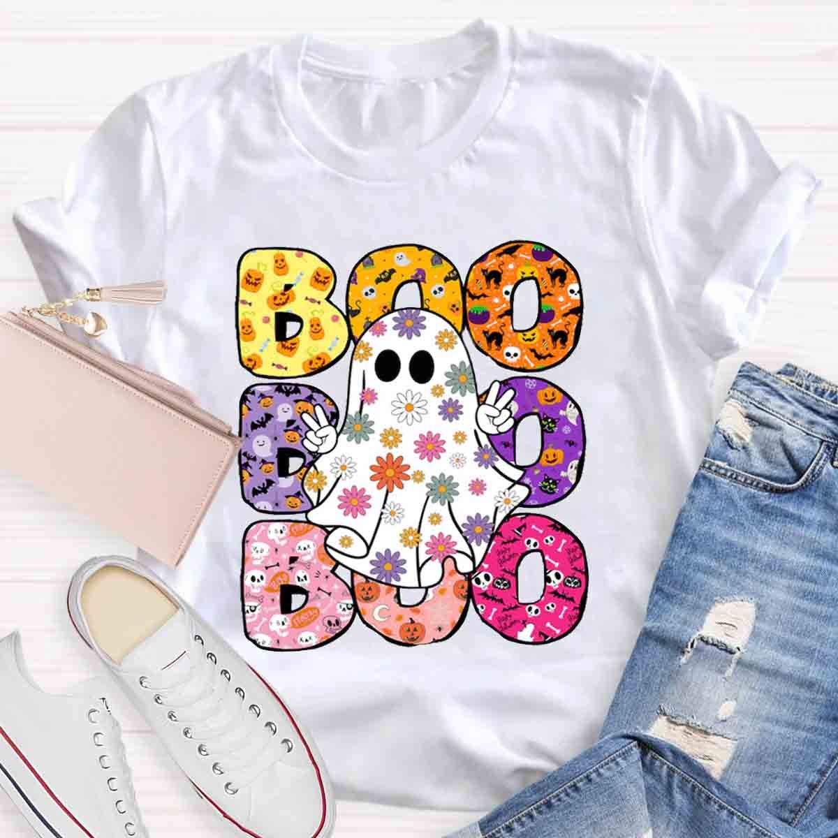 BOO Floral Ghost Print Halloween T-Shirt