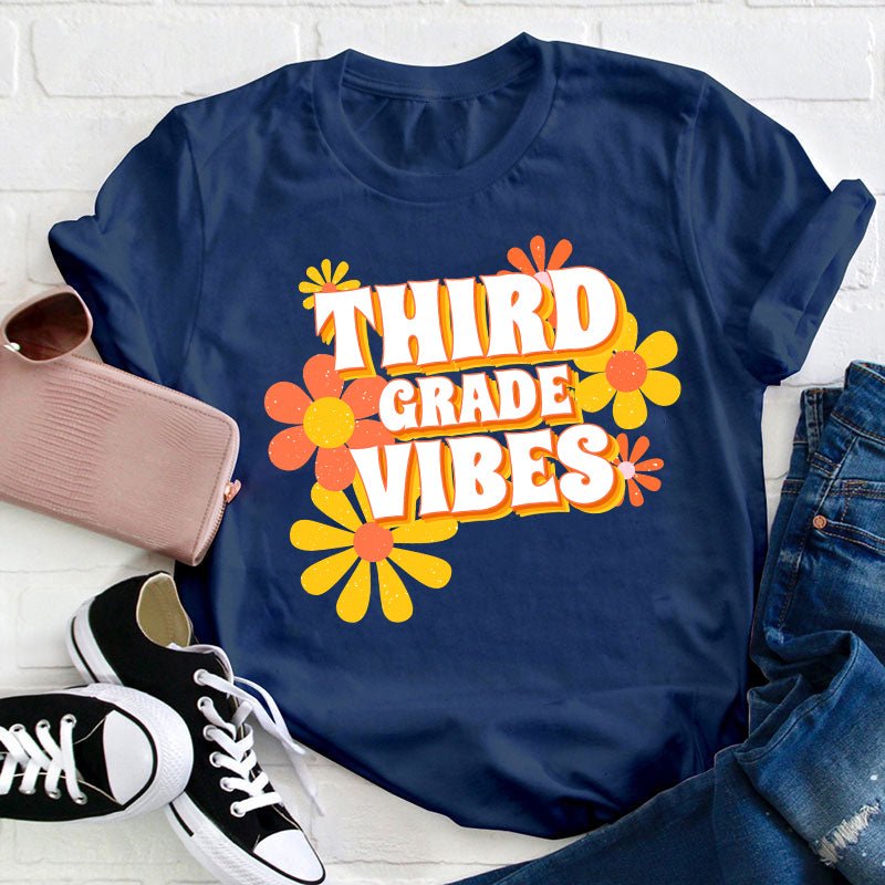 Personalized Third Grade Vibes Flowers Teacher T-Shirt