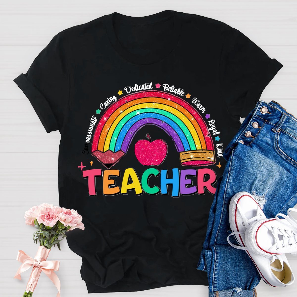 Glitter Teacher Rainbow Pencil Back To School T-Shirt