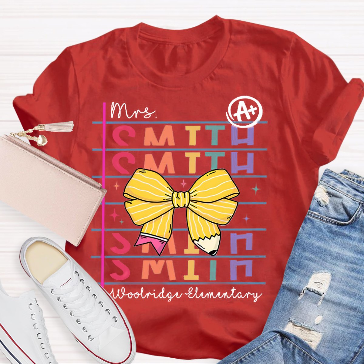 Personalized Teachers Name And School Name Bow pencil design T-Shirt