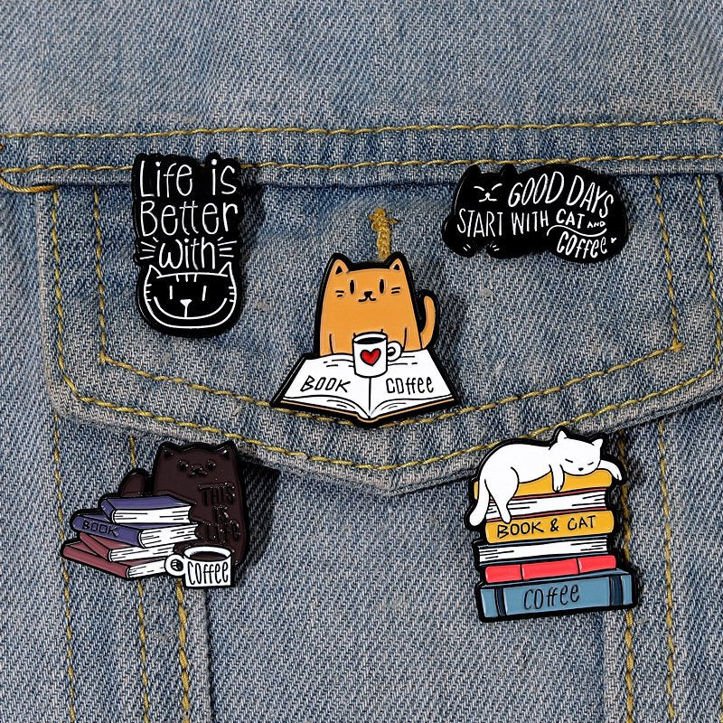 Cat Reading Book Metal Badge