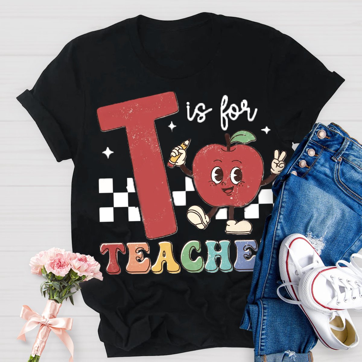 T is for teacher Apple Pencil Printed Back to school T-shirt