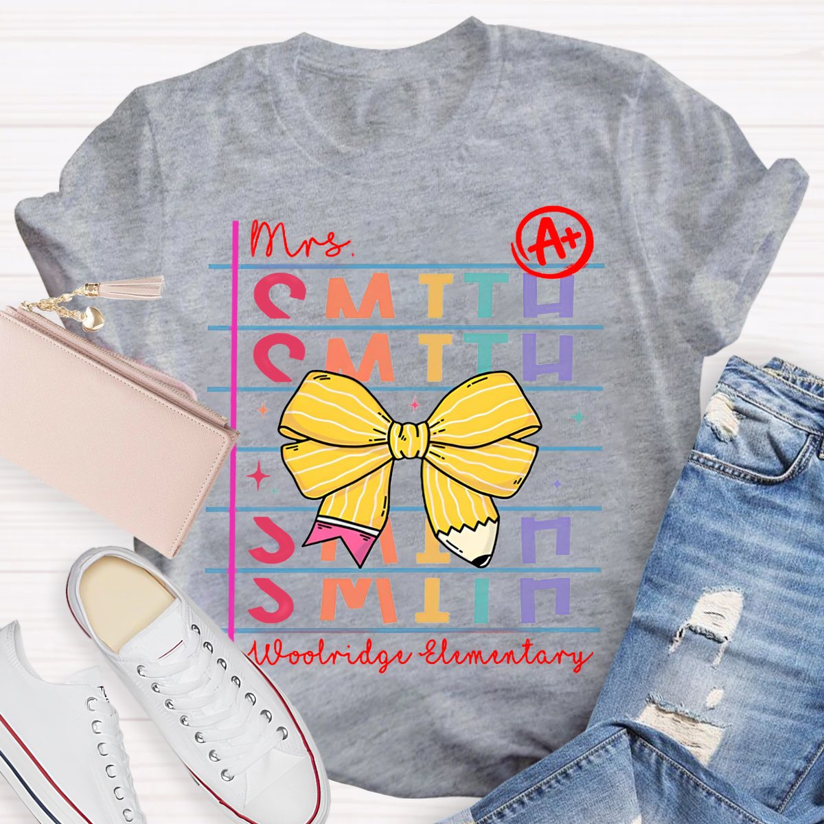 Personalized Teachers Name And School Name Bow pencil design T-Shirt