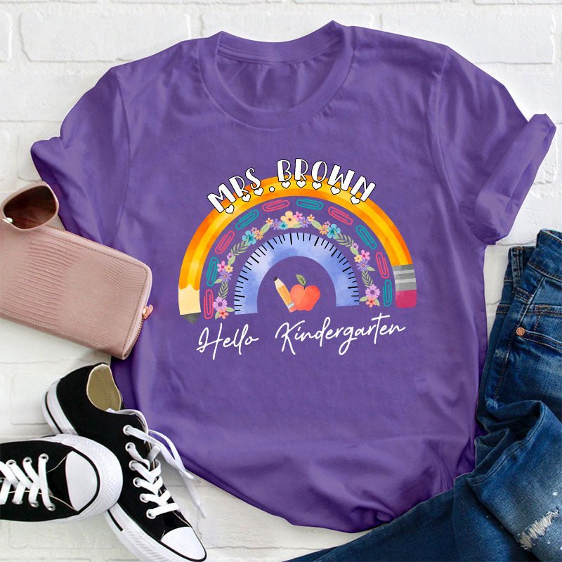 Personalized Name And Grade Ruler Pencil Apple Rainbow Teacher T-Shirt