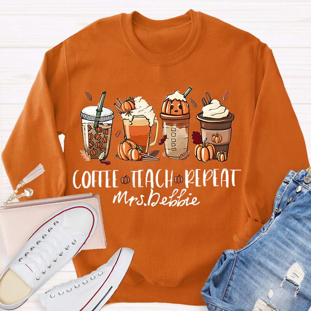 Personalized Name Halloween Coffee Teach Repeat Teacher Sweatshirt