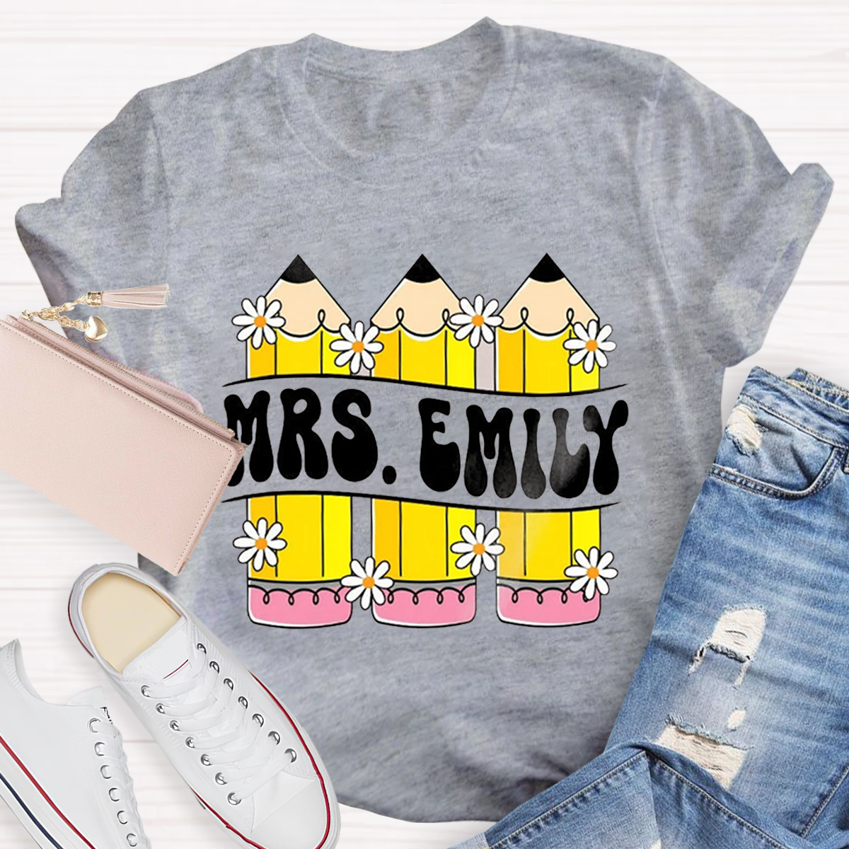 Personalized Your name Retro Teacher Pencil T-Shirt