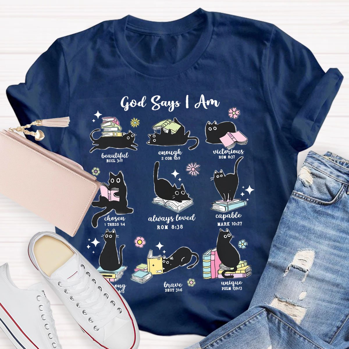 Cute Cat God Says I Am Teacher Cats and Books T-Shirt