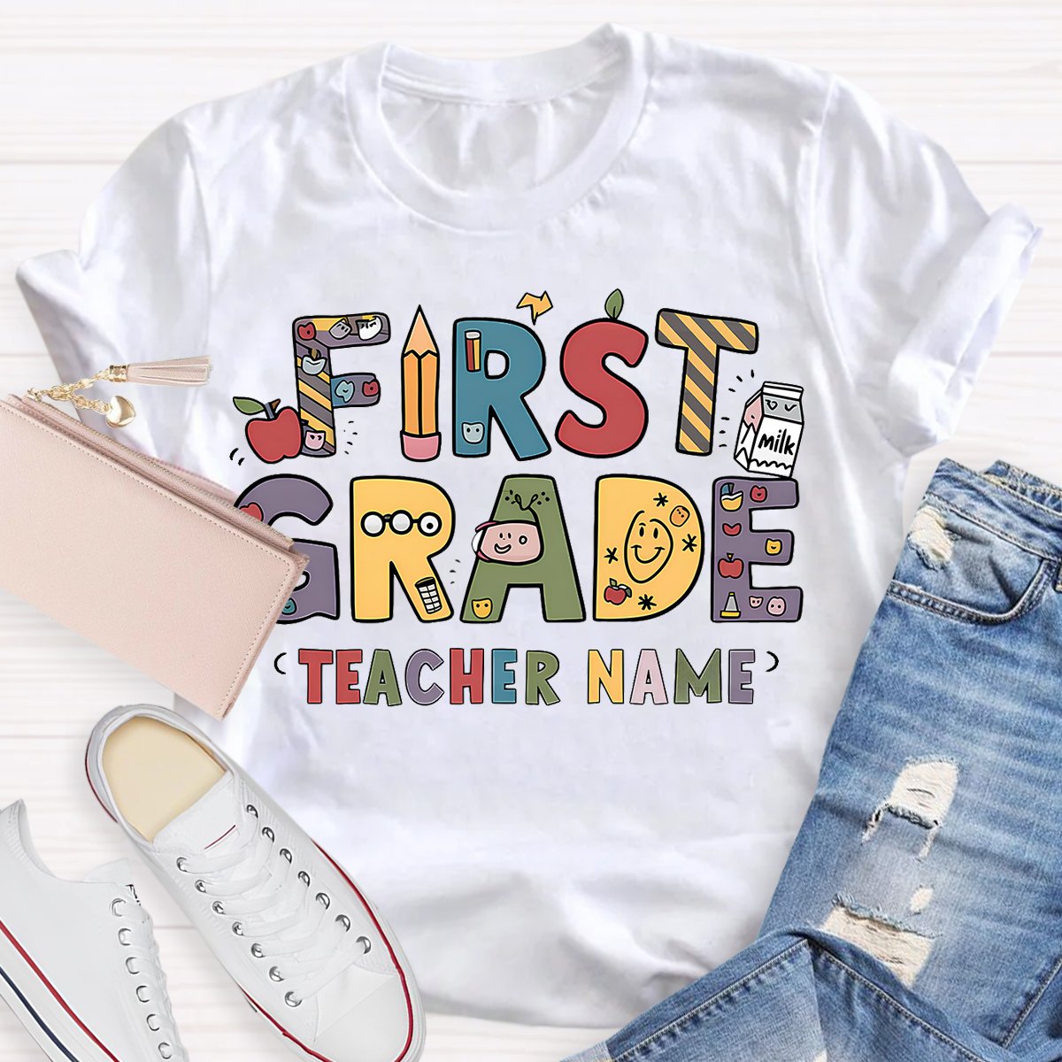 Personalized 1st Grade Teachers Name First Day To School T-Shirt