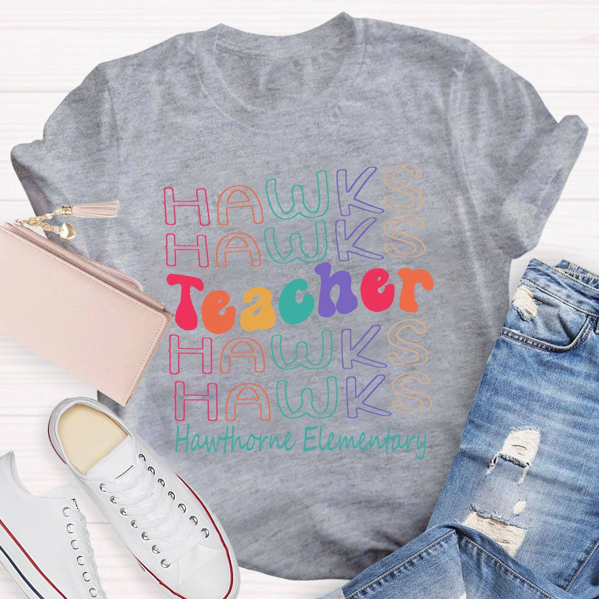 Personalized Mascot Colored Letters Teacher T-Shirt