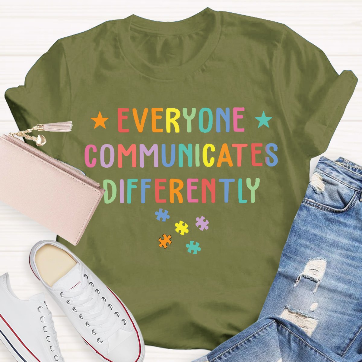 Everyone Communicates Differently Colored Puzzle Special Education Teacher T-Shirt