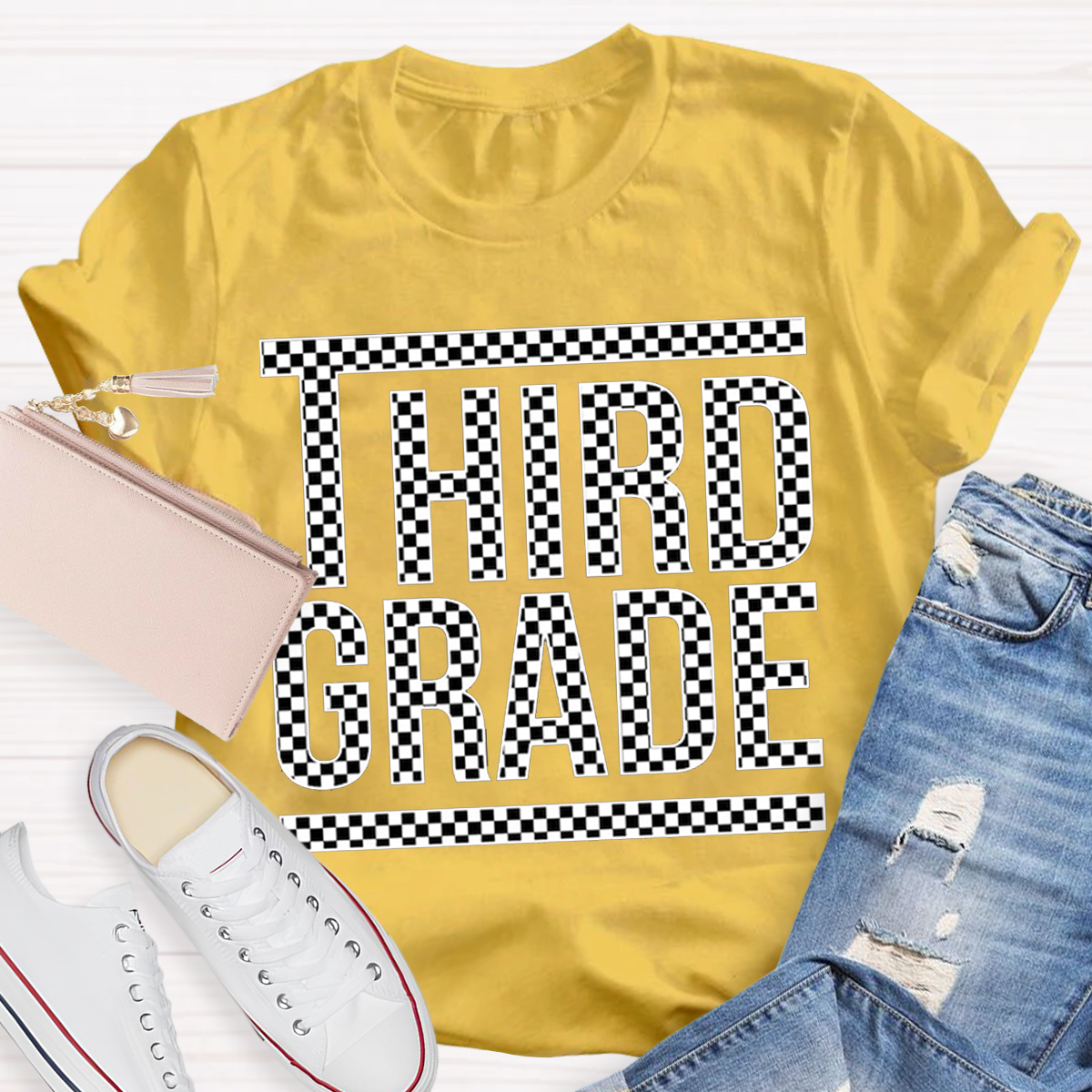 Personalized Plaid Grade Teacher T-Shirt