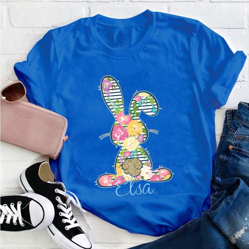 Personalized Floral Bunny Teacher T-Shirt