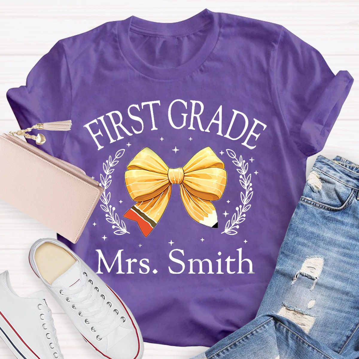 Personalized Grade And Name Yellow Bow T-Shirt