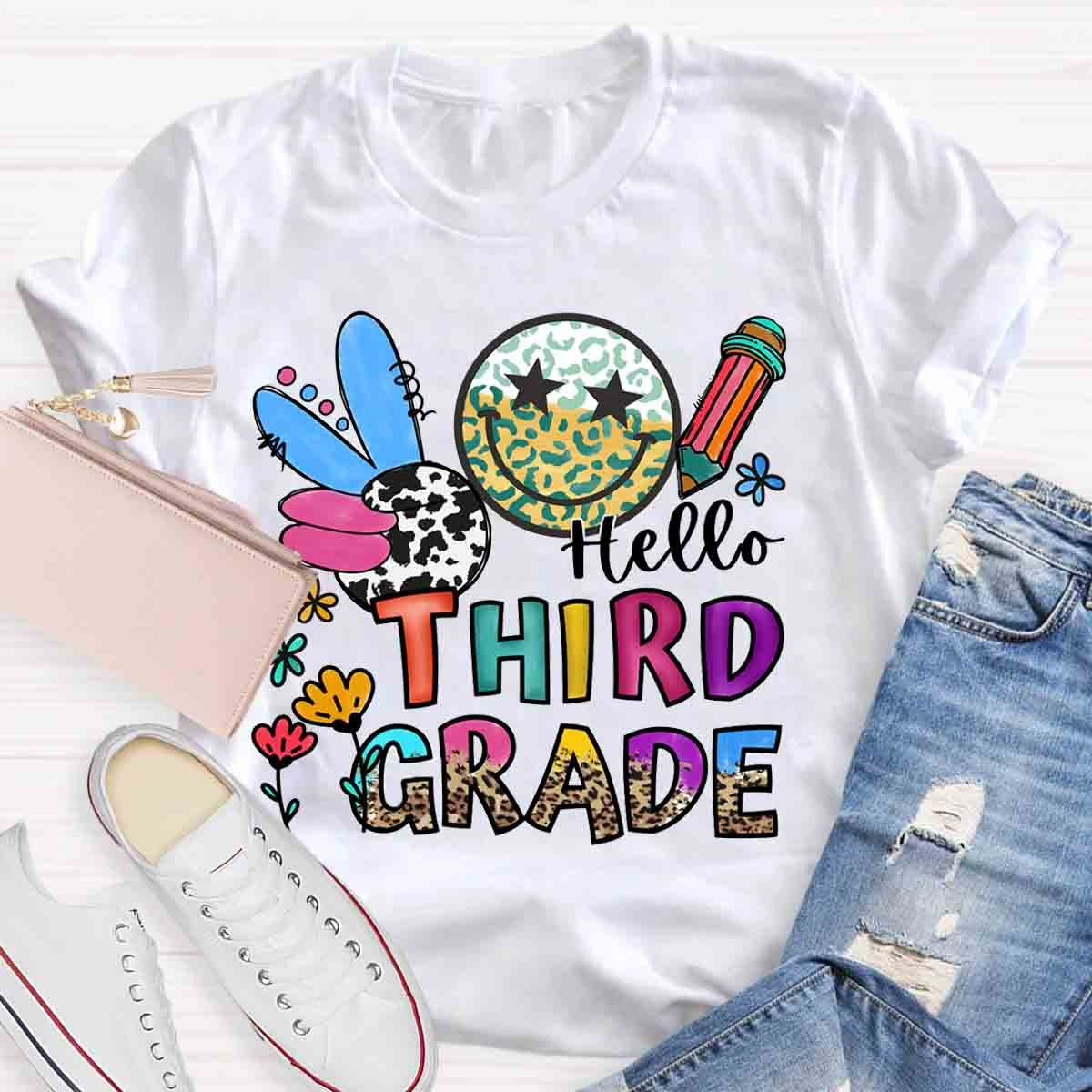 Personalized Grade Leopard Smiley Pencil T-Shirt