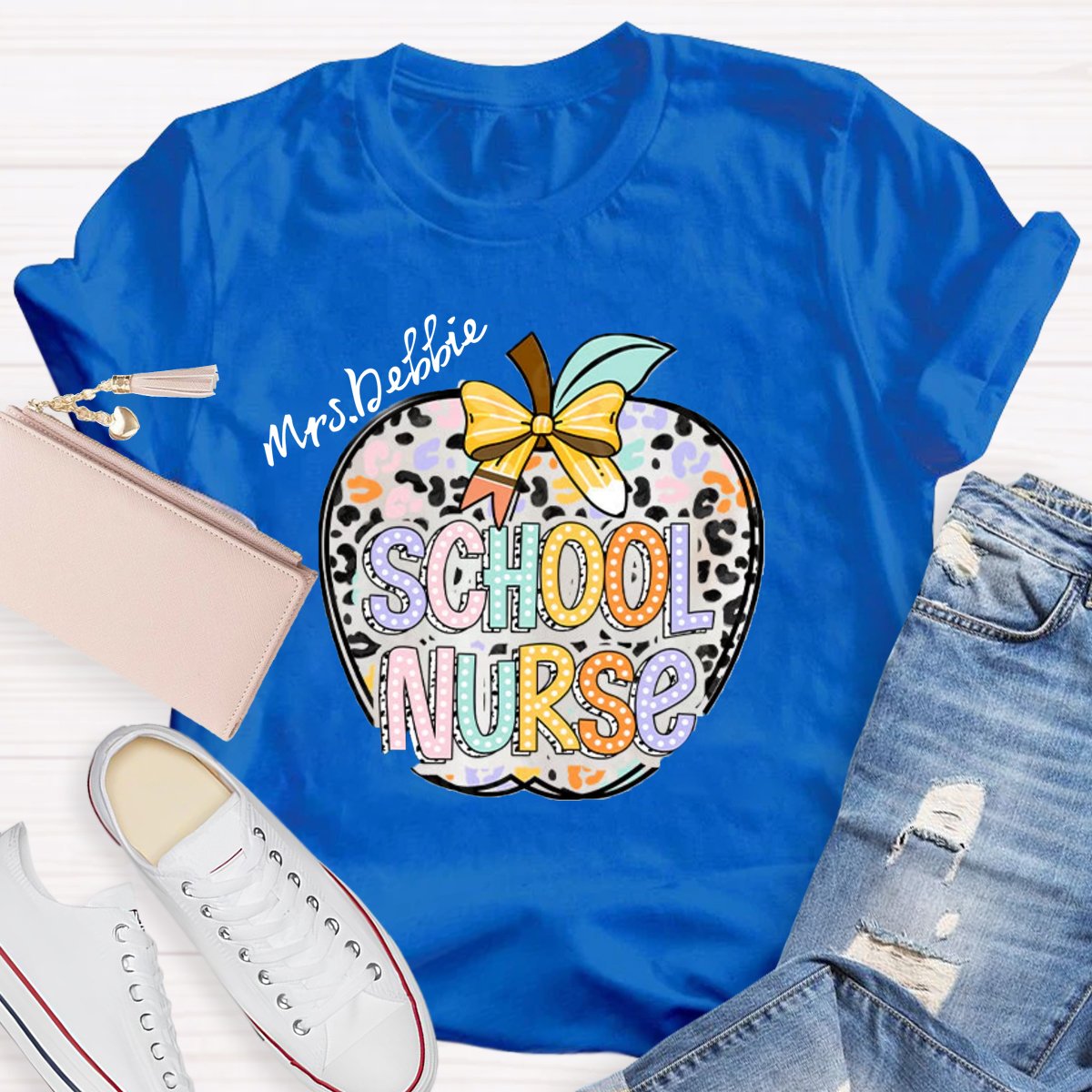 Personalized School Nurse Name Apple Printed T-shirt