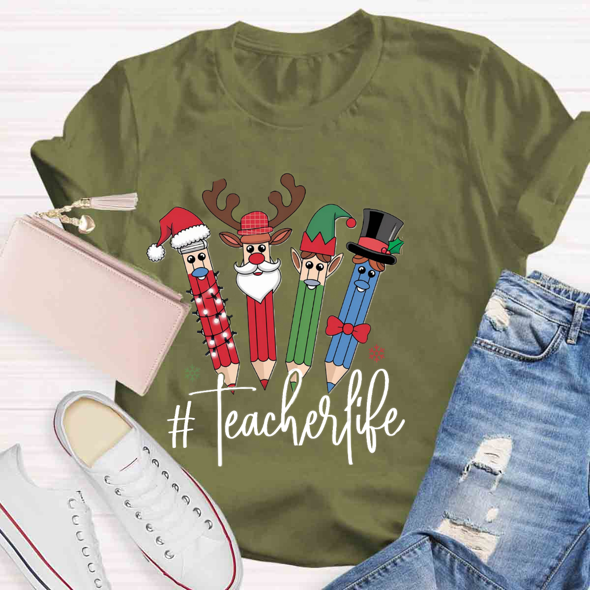 Teacher Life Christmas Pencil Print T-Shirt