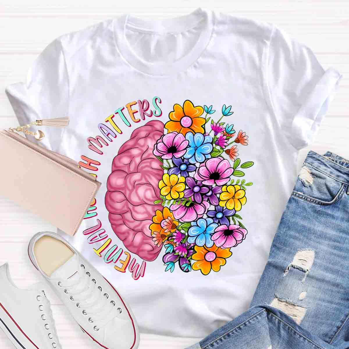 Mental Health Matters Half Brain Half Floral Skull T-Shirt