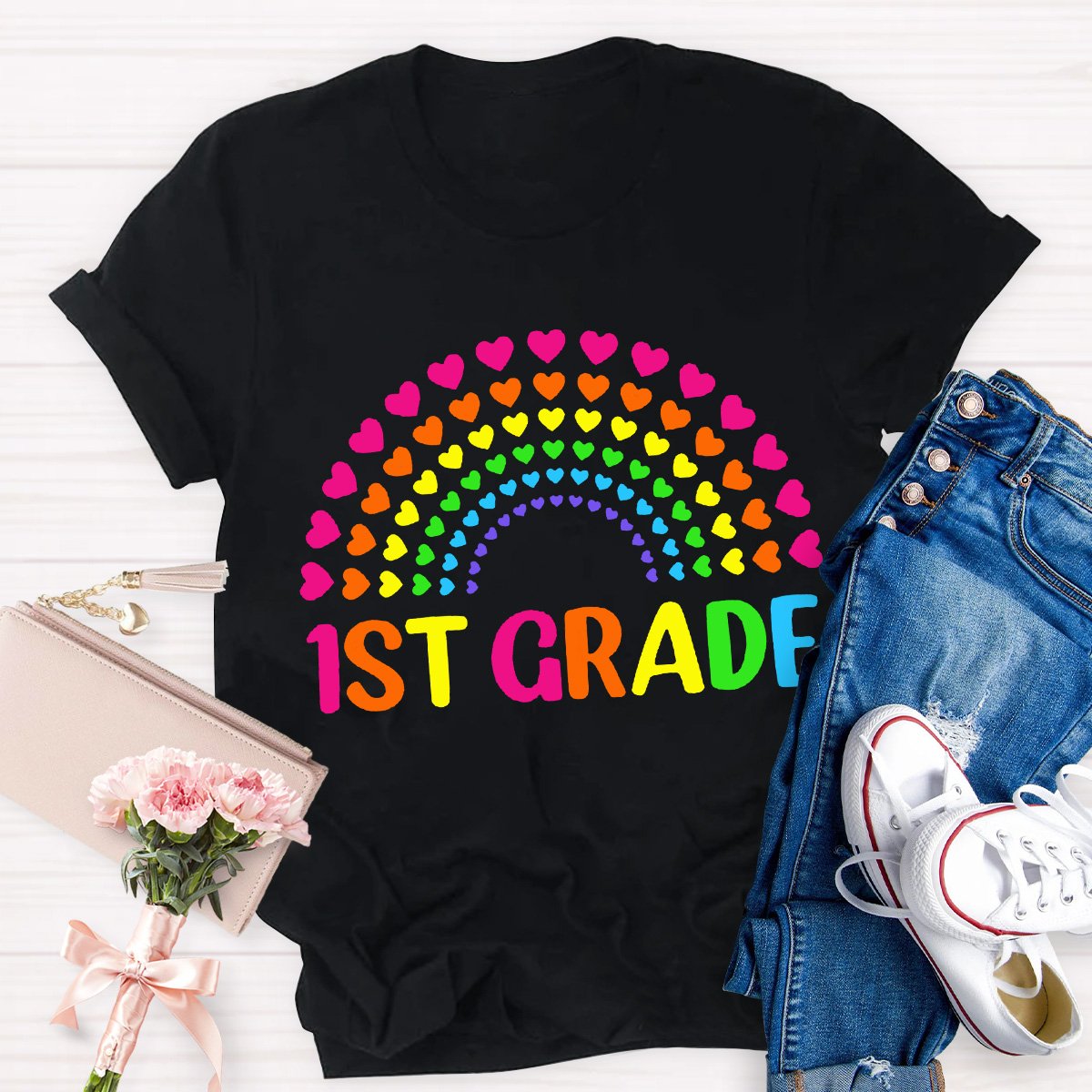 Personalized Grade Teacher Heart Rainbow Shirt