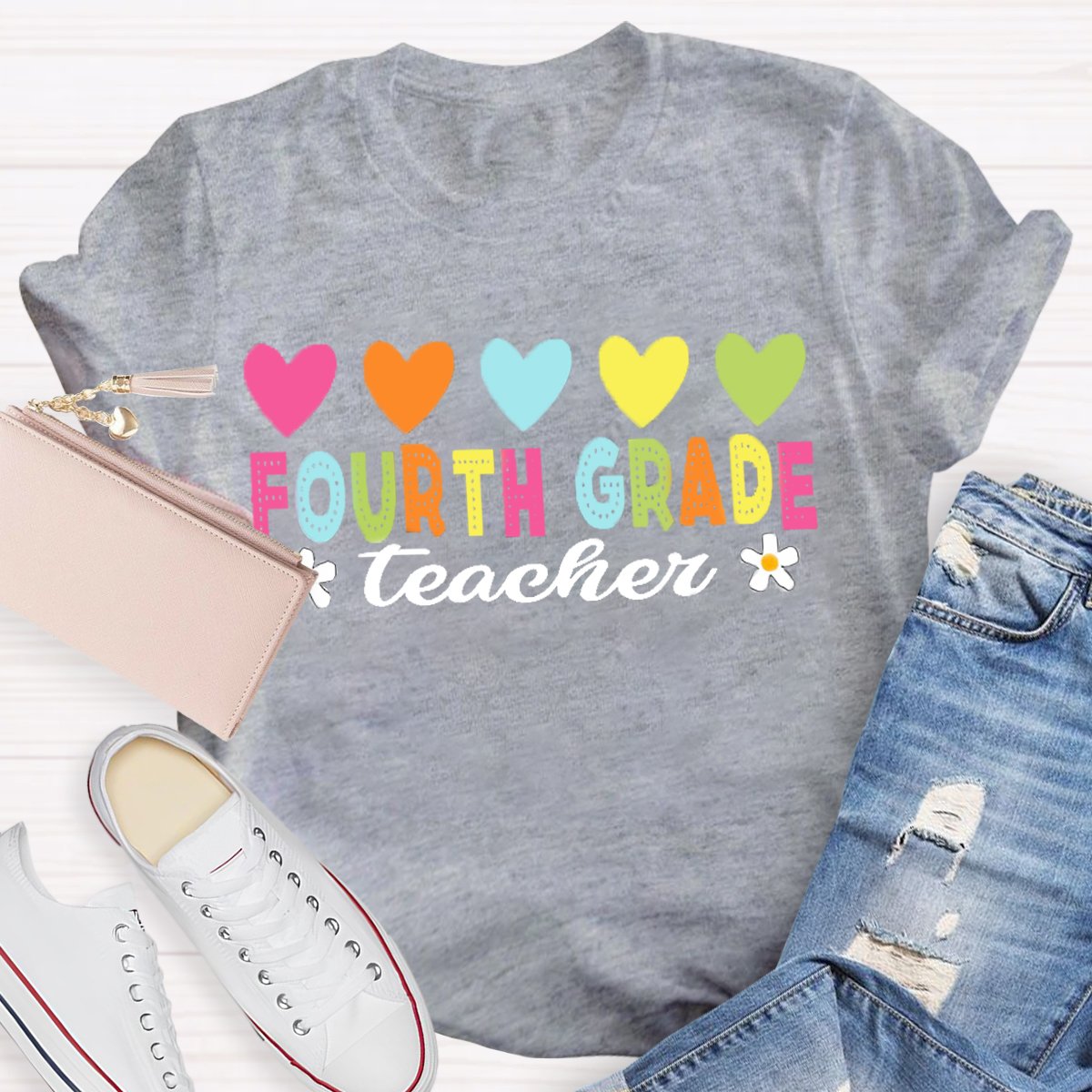 Personalized Grade Heart Print Teacher T-shirt