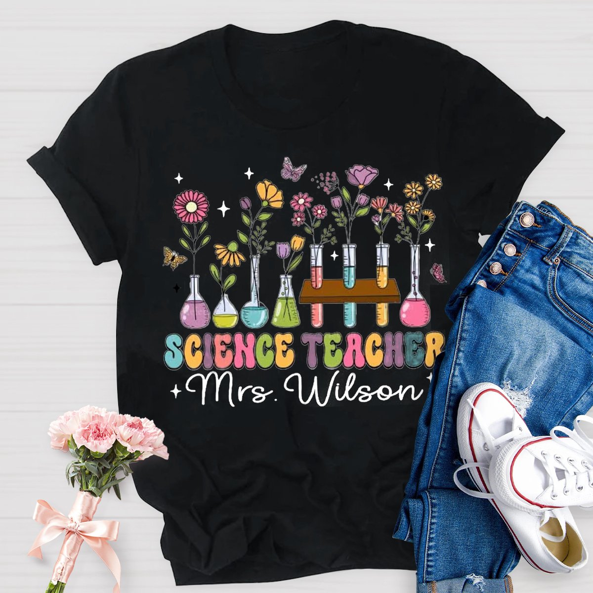 Personalized Science Teacher Name Tubes And Flowers Teacher T-Shirt