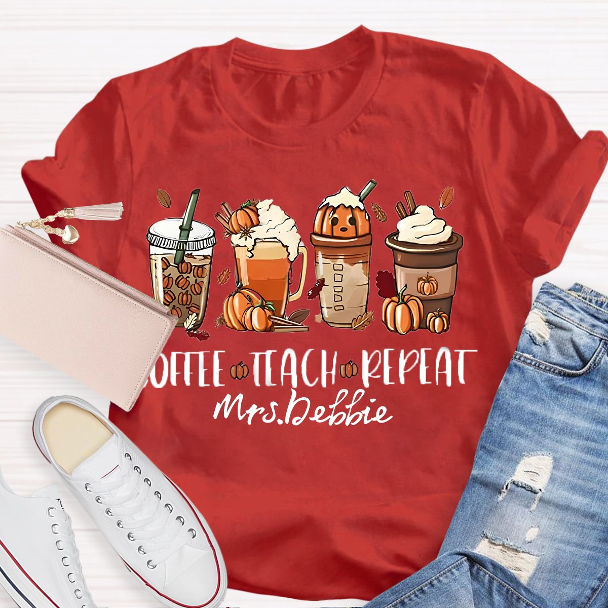 Personalized Name Halloween Coffee Teach Repeat Teacher T-Shirt