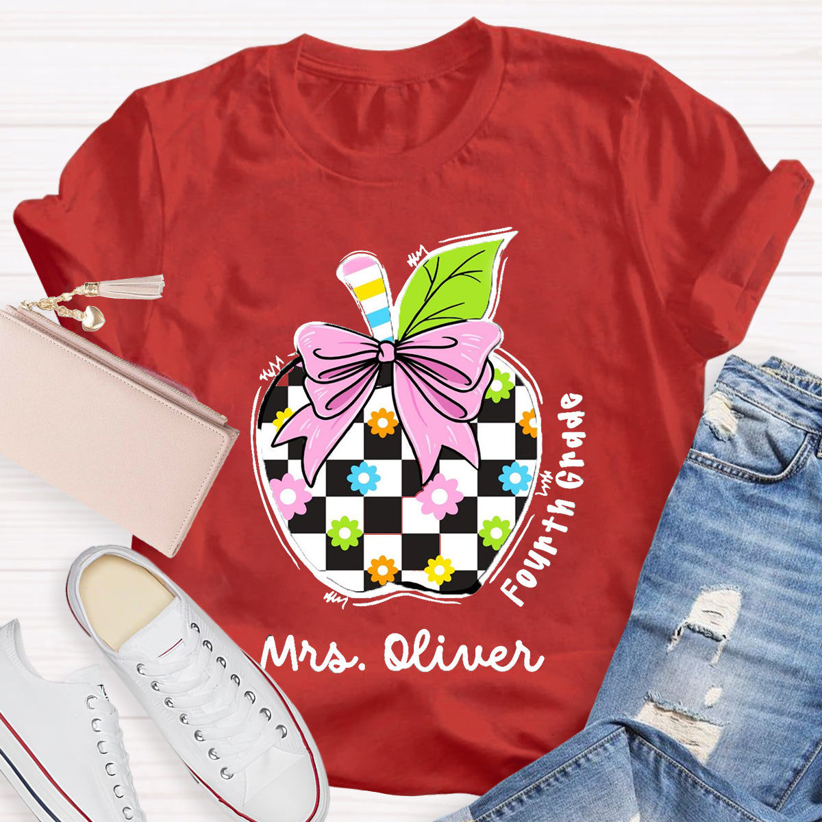 Personalized Grade And Name Colourful Check Print Apple T-Shirt
