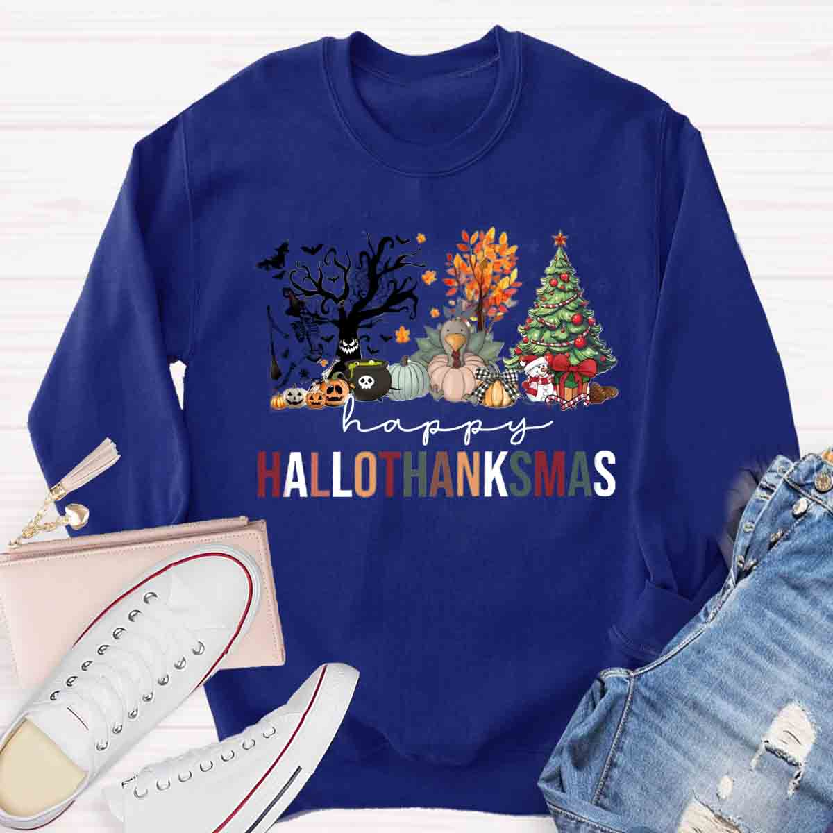 Happy Hallothanksmas Halloween Fall and Christmas Sweatshirt