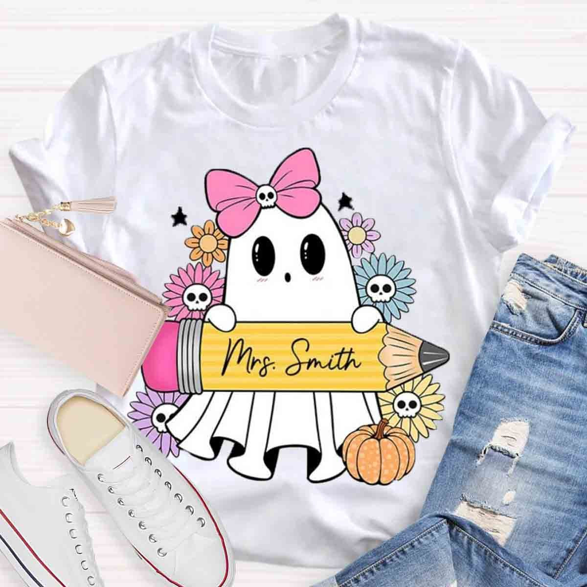 Personalized Name Halloween Teacher Coquette Ghost Shirt