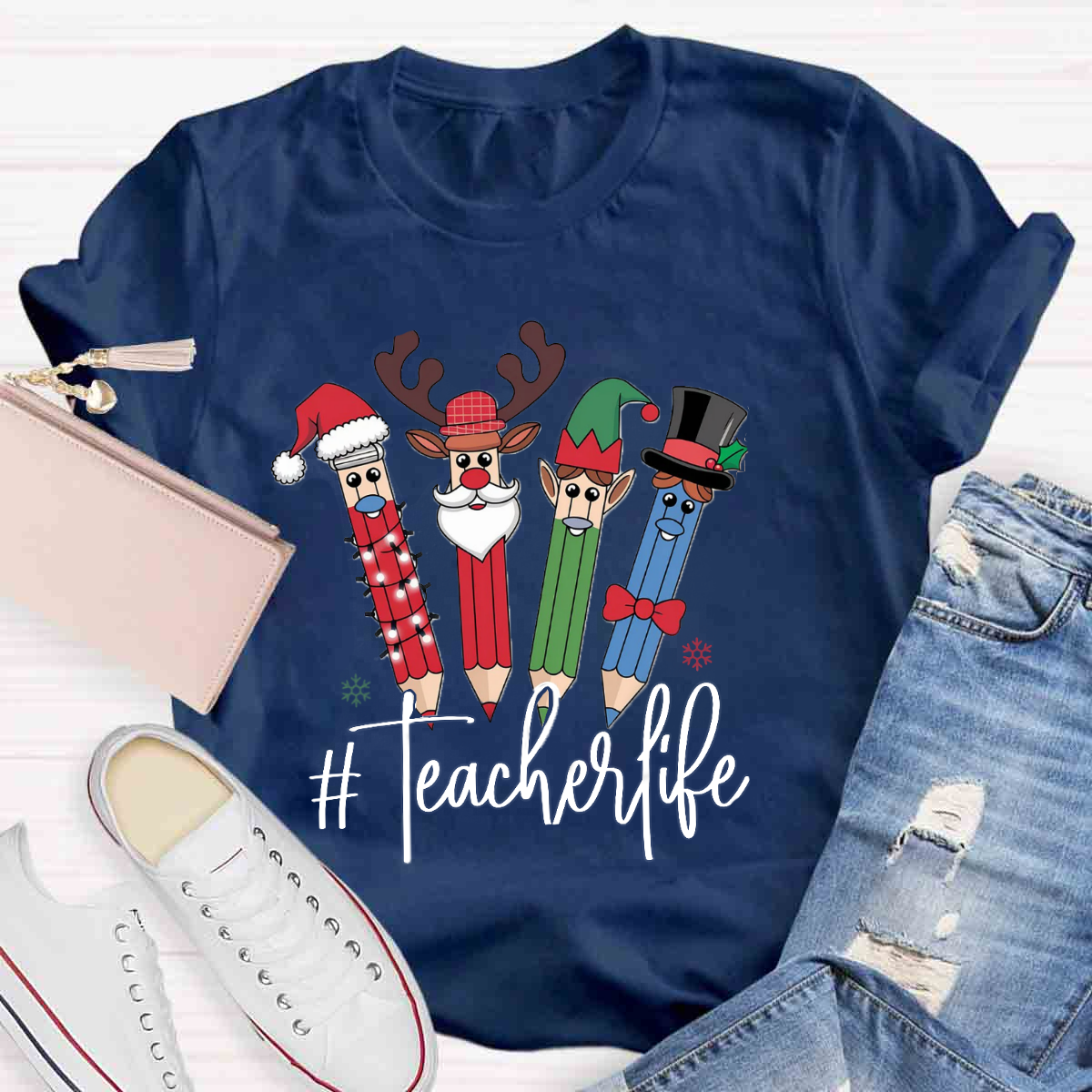 Teacher Life Christmas Pencil Print T-Shirt