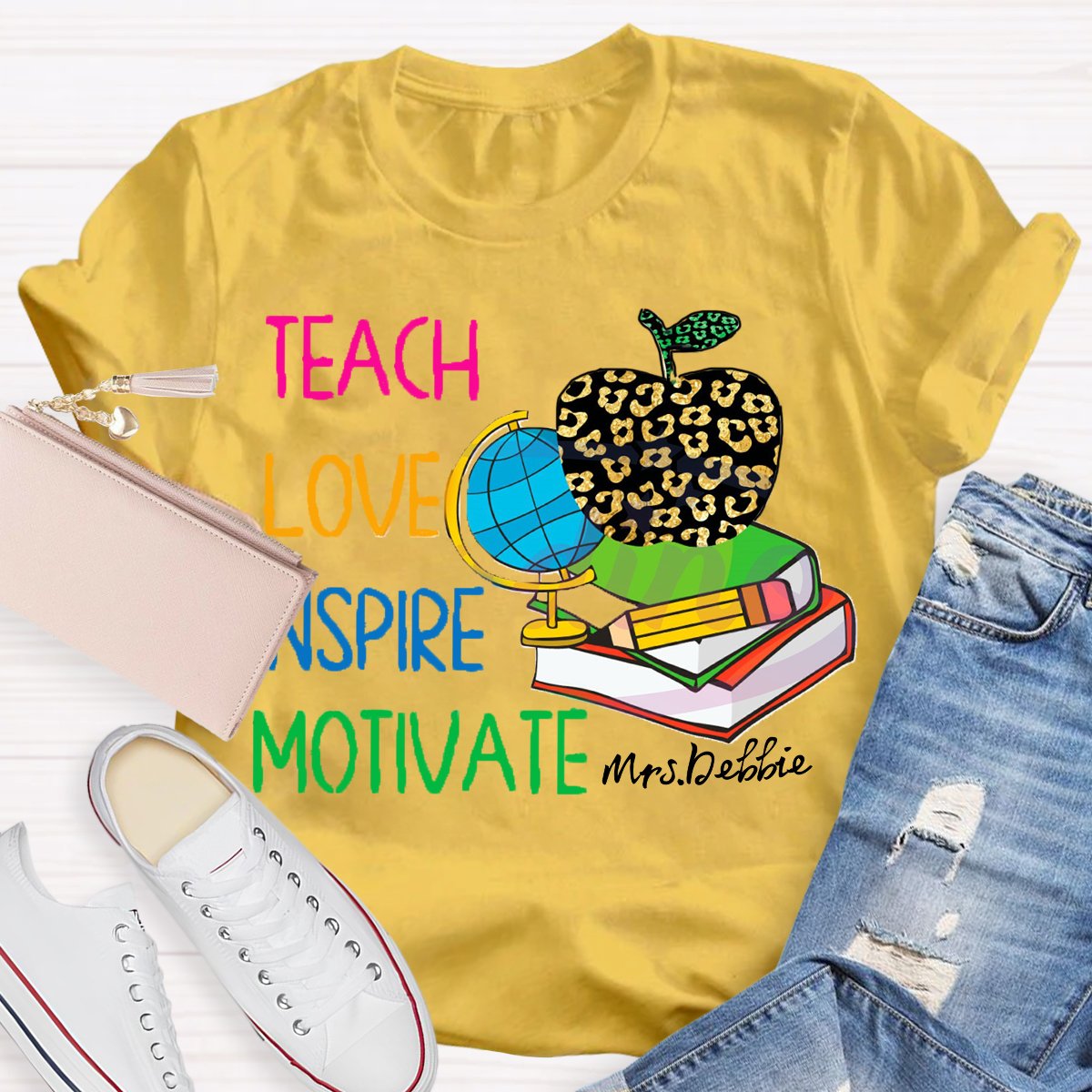 Personalized Name  Teach Love Inspire Motivate Globe T-shirt